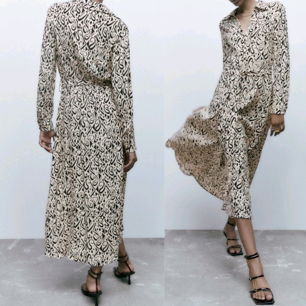 ❤️Zara Black and Cream Patterned Belted Dress☆